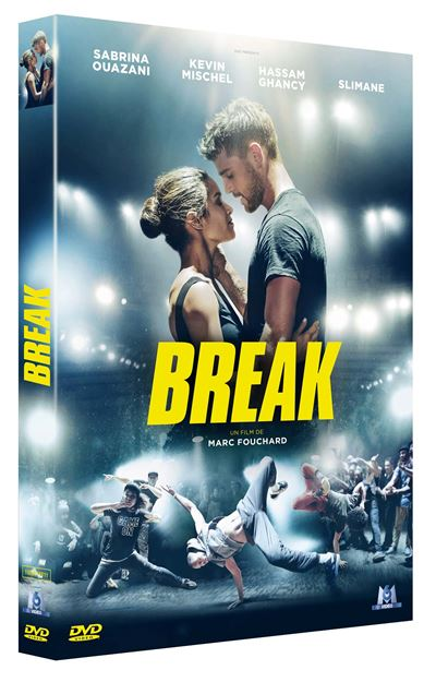 DVD-hoes voor de film 'Break'. Toont een stel, een breakdancer en een menigte.