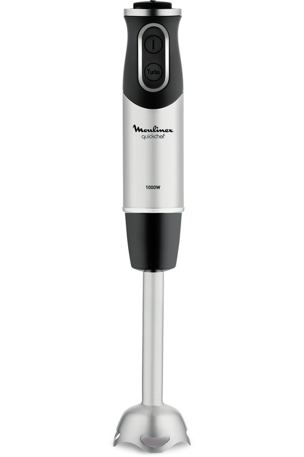 A silver and black immersion blender with a turbo button. It is on a white background.