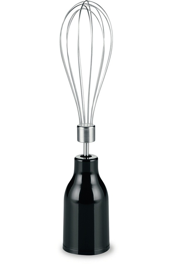 A black hand blender attachment with a silver whisk. The whisk is above the black base.