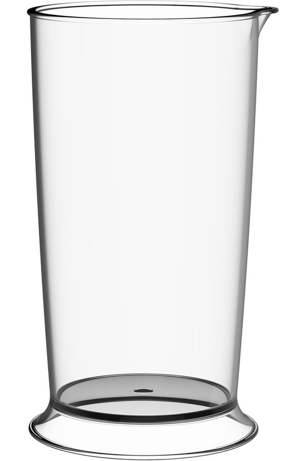 A clear plastic measuring cup with a wide base and a narrow, tall body. It is empty.