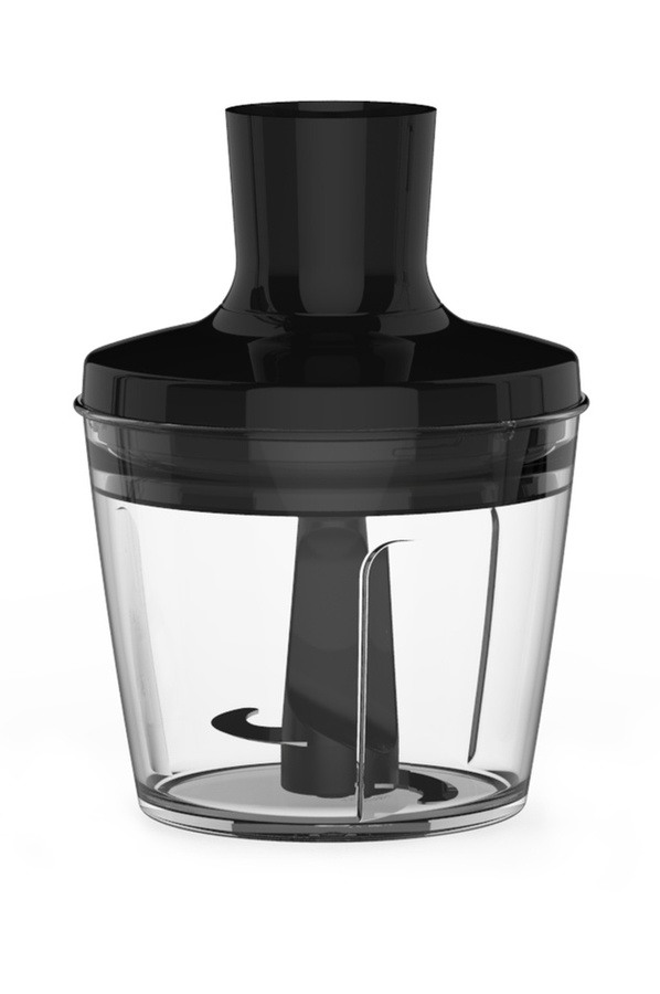 Black immersion blender and clear plastic cup. It is isolated against a white background.