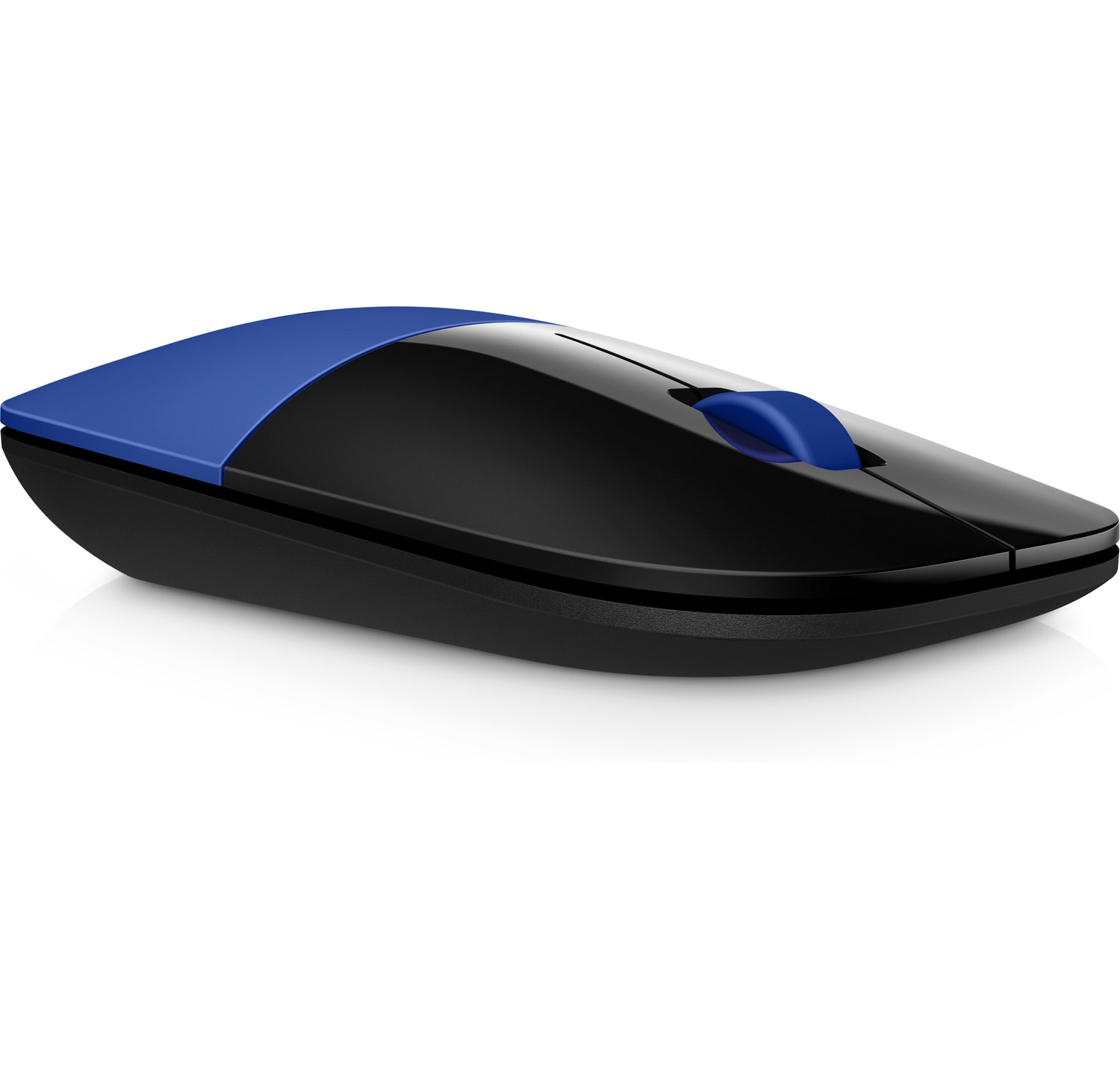 Ratón de computadora negro y azul, visto de lado.