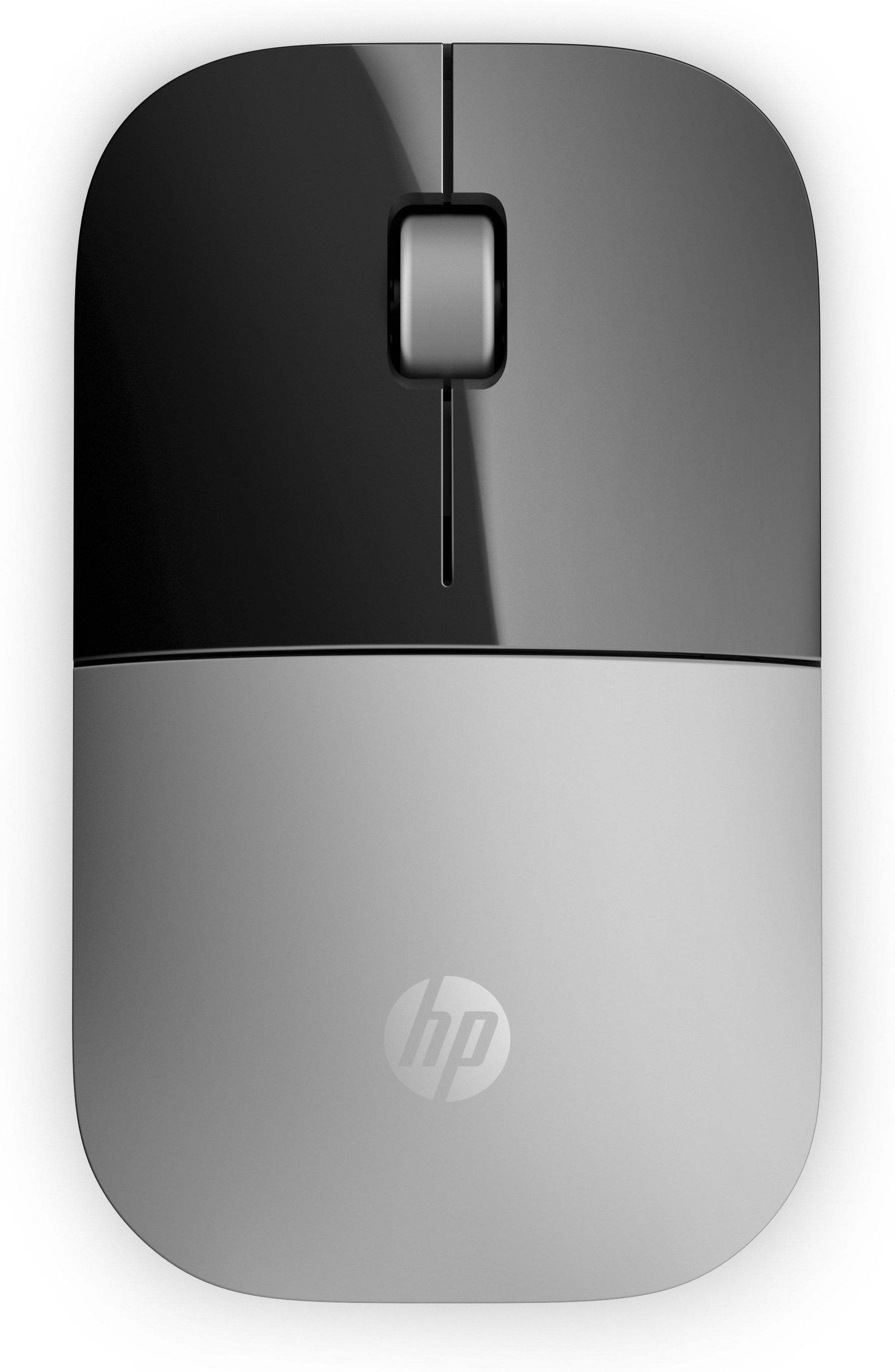 Gümüş HP logosu olan iki renkli bir bilgisayar faresinin üstten görünümü.