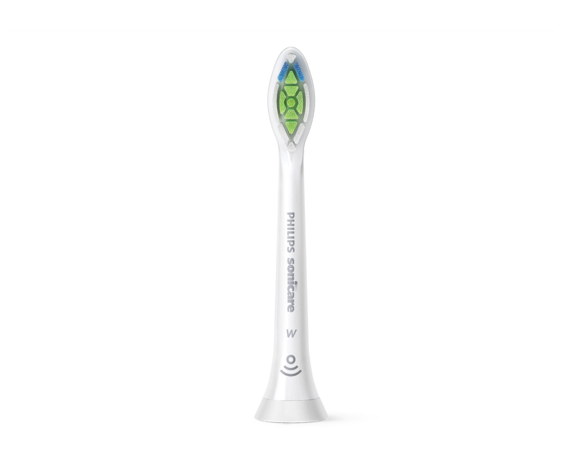 Ein weißer Philips Sonicare Zahnbürstenkopf mit grünen und blauen Borsten.