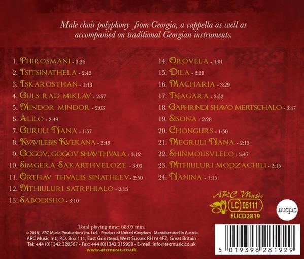 Rückseite eines Musikalbums, roter Hintergrund mit weißem Text, Auflistung der Titel und Credits für einen georgischen Chor.