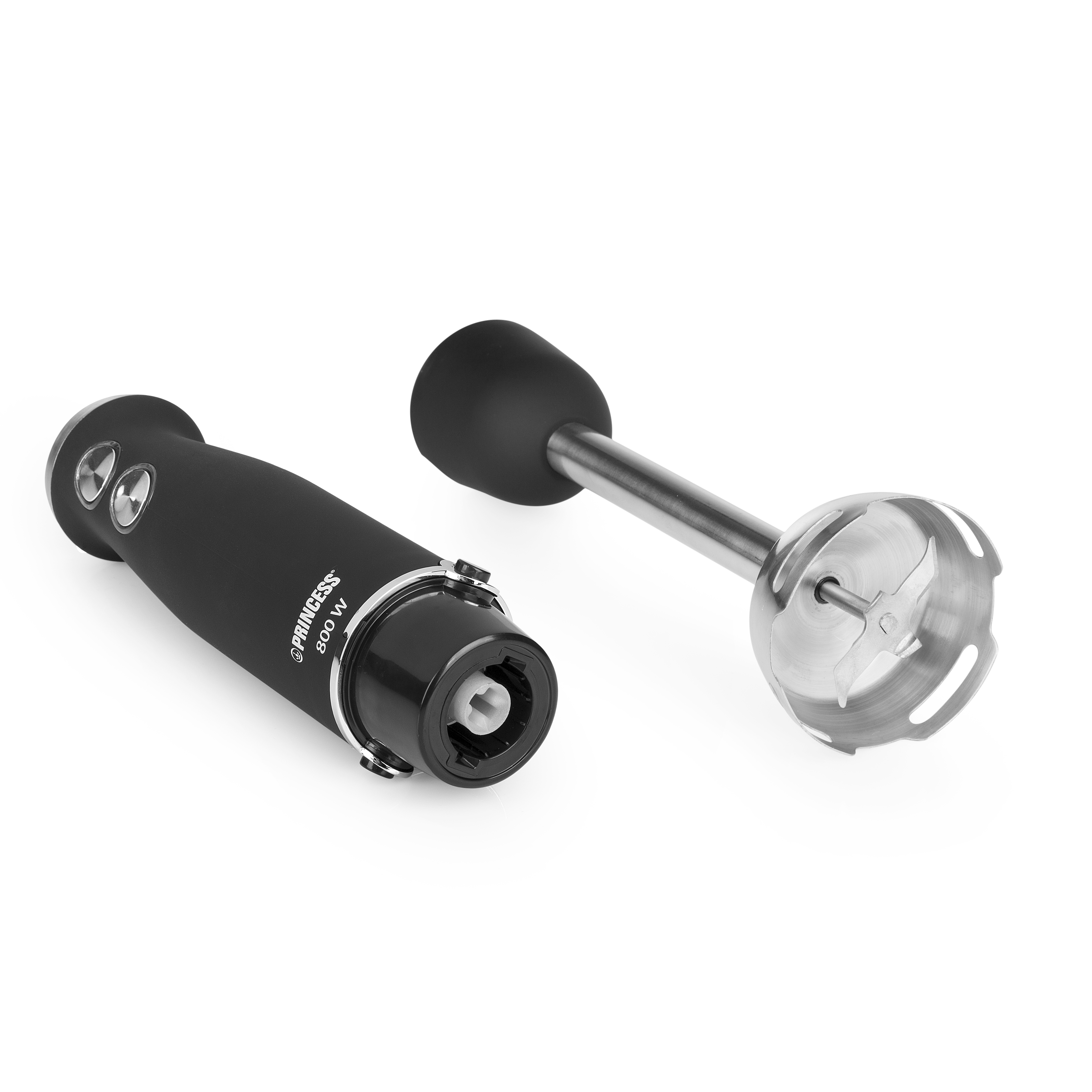 Black Princess 800W hand blender, disassembled. Motor unit, blade attachment, and stainless steel blade.
