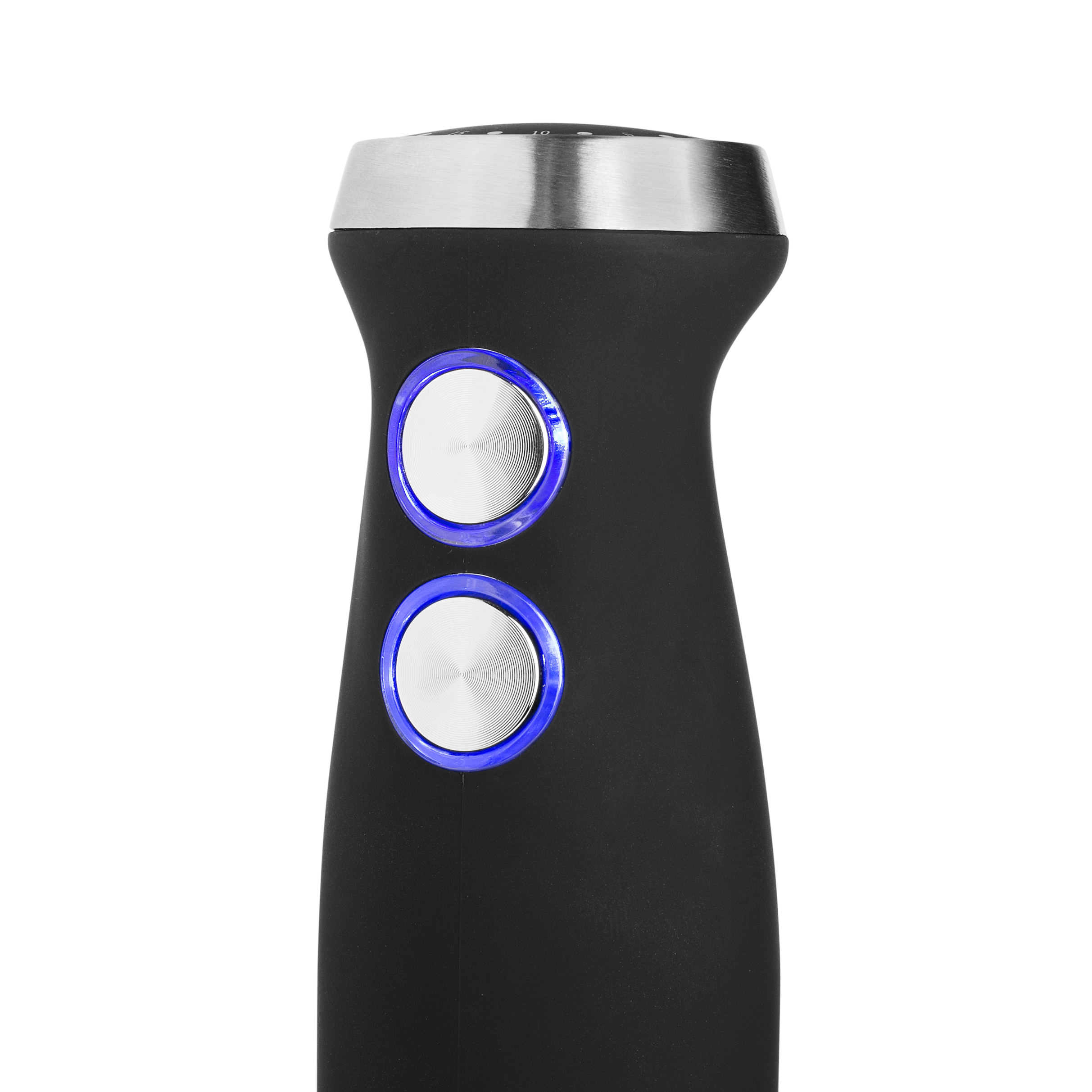 Black hand blender with two blue illuminated buttons. Silver top.