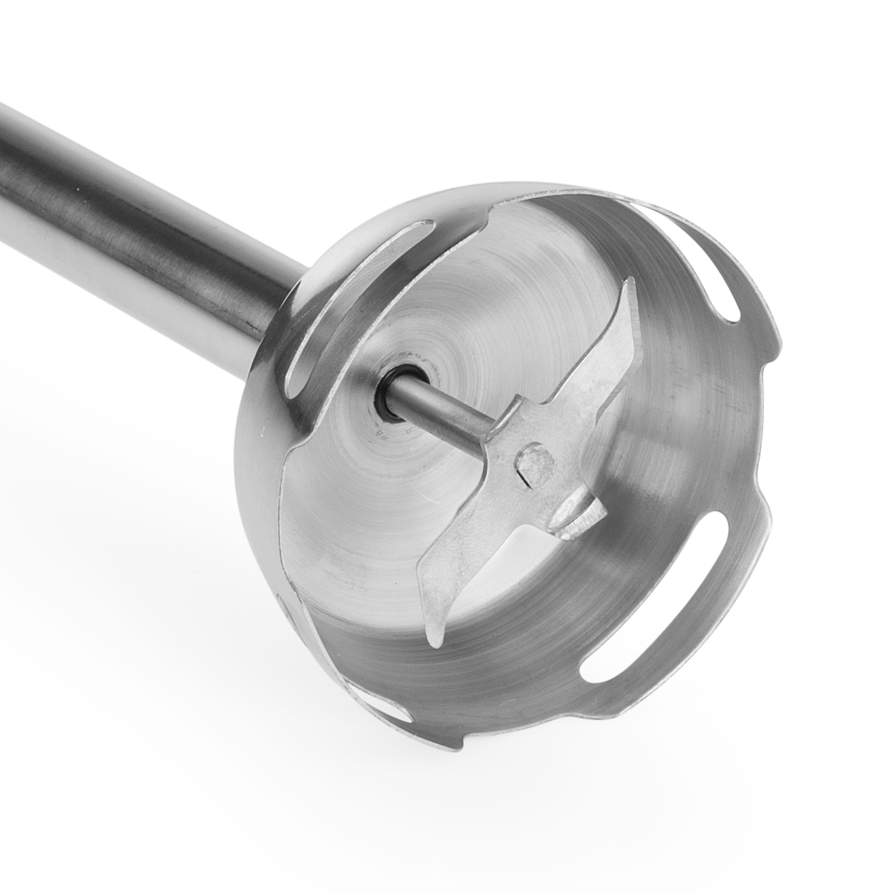 Stainless steel immersion blender head with blade and opening. White background.
