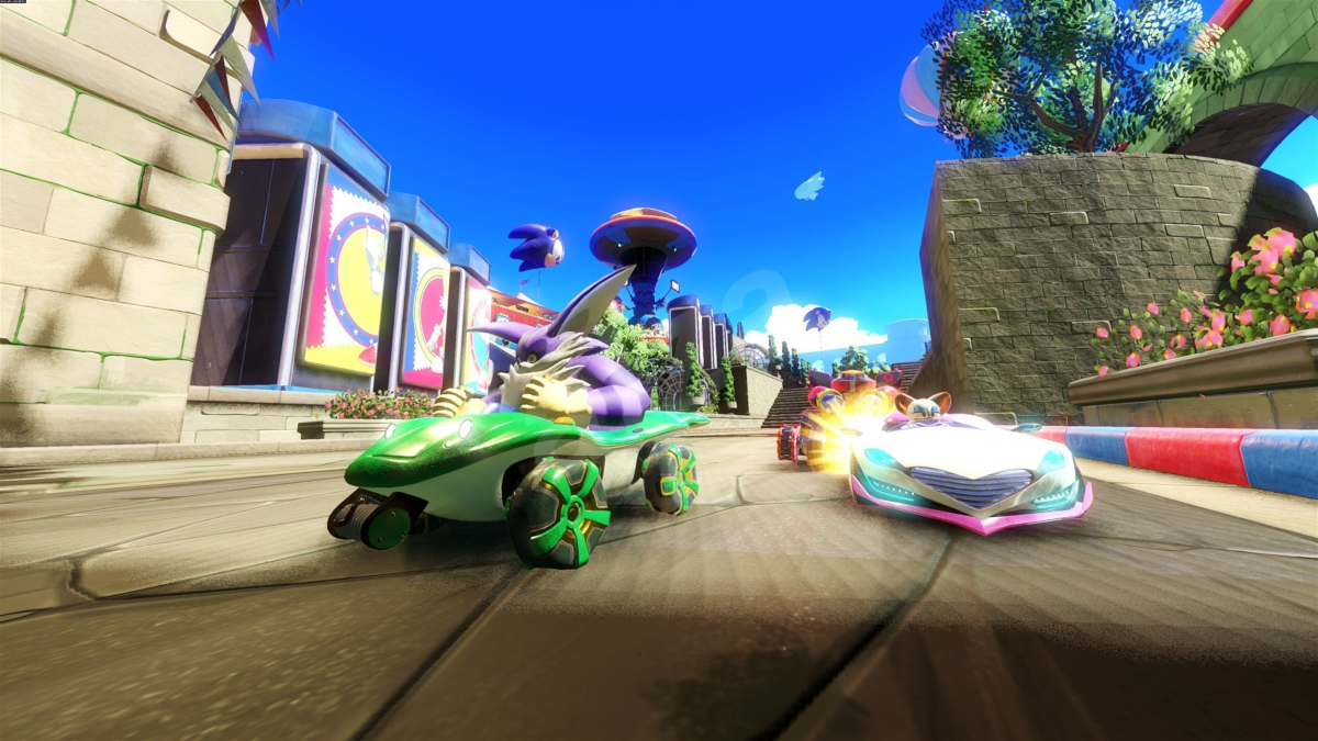 Scène de jeu de course Sonic, avec plusieurs voitures de dessins animés.