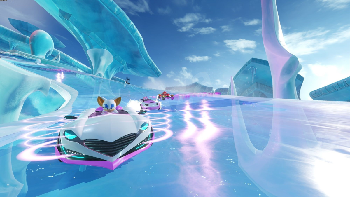 Scène de course d'un jeu vidéo avec des coureurs dans un environnement enneigé.