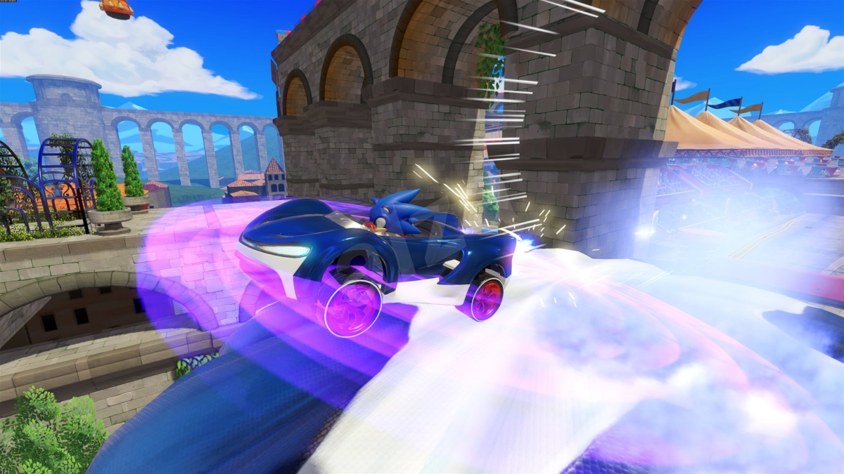 Sonic dans une voiture bleue sur une piste avec des effets violets et bleus.