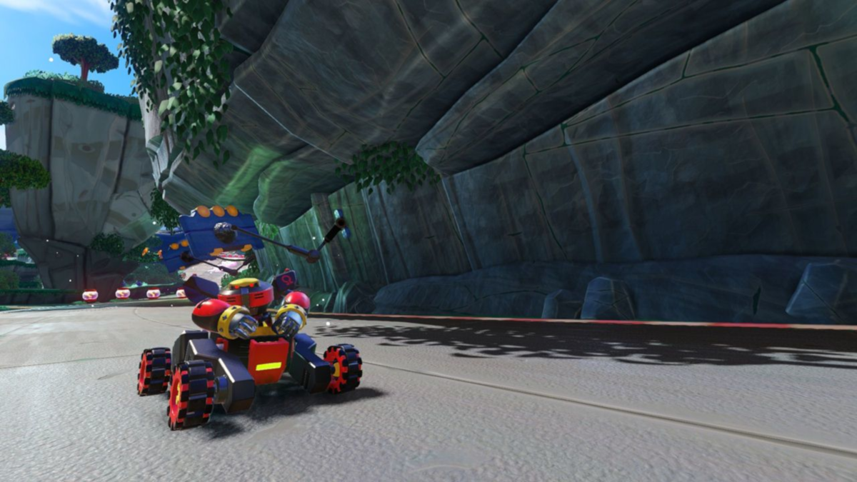 Une scène de jeu de course rendue en 3D. Une voiture robotique fait la course sur une piste. Fond rocheux.