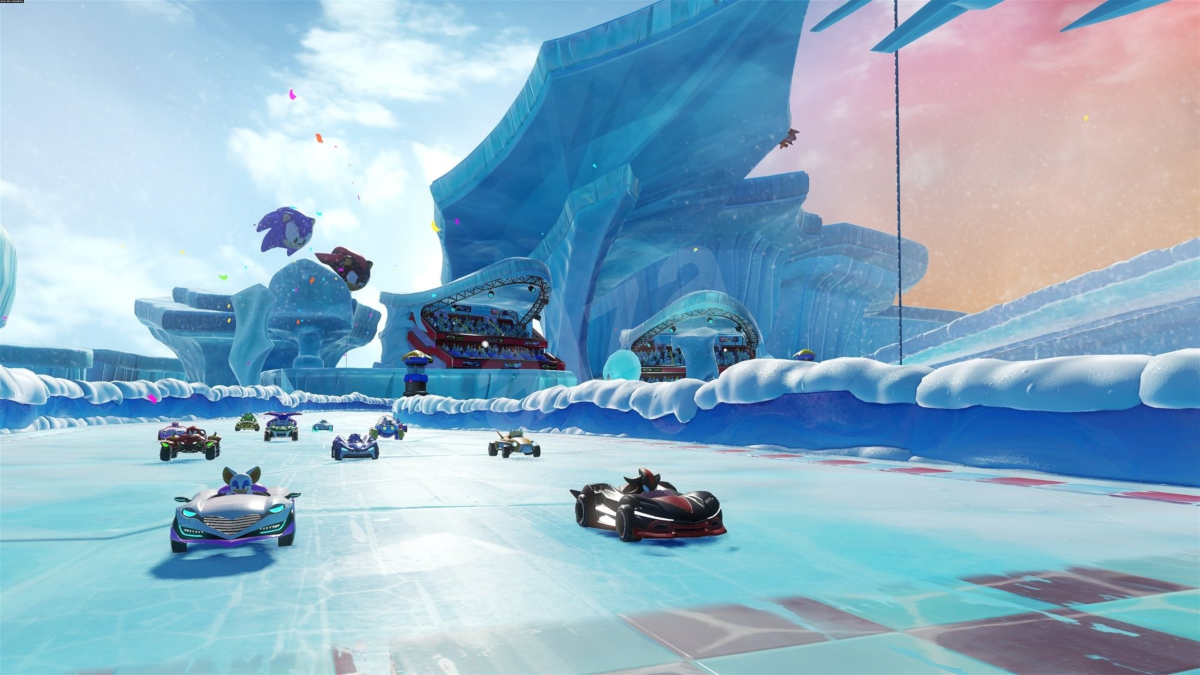 Scène de jeu vidéo d'une compétition de karting sur une piste glacée. Voitures en course, glace bleue.