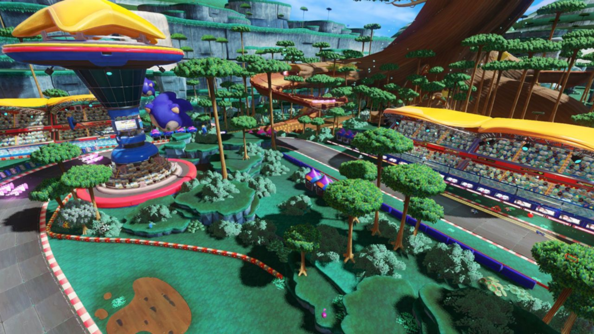 Un niveau de jeu vidéo vibrant et coloré. Comprend des pistes, des bâtiments et une statue de Sonic.