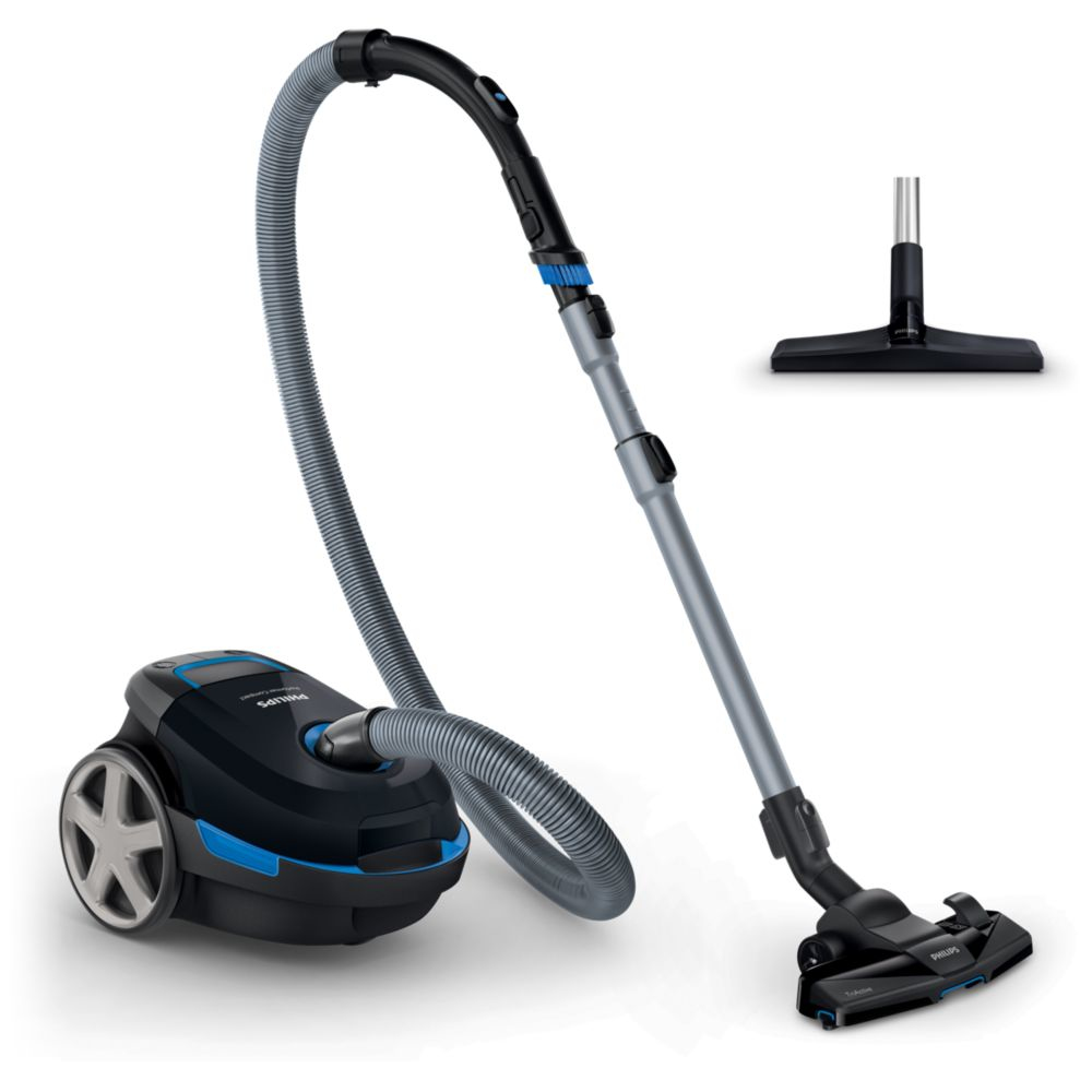 Ein schwarzer und blauer Philips Staubsauger. Er hat einen grauen Schlauch und einen separaten Reinigungskopf. Der Hintergrund ist weiß.
