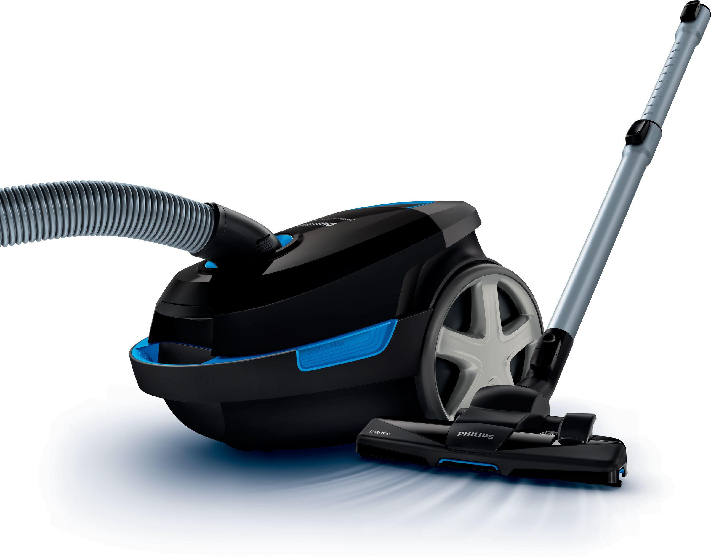 Schwarzer und blauer Philips Staubsauger. Er hat einen Schlauch, Räder und einen langen Griff. Der Hintergrund ist weiß.