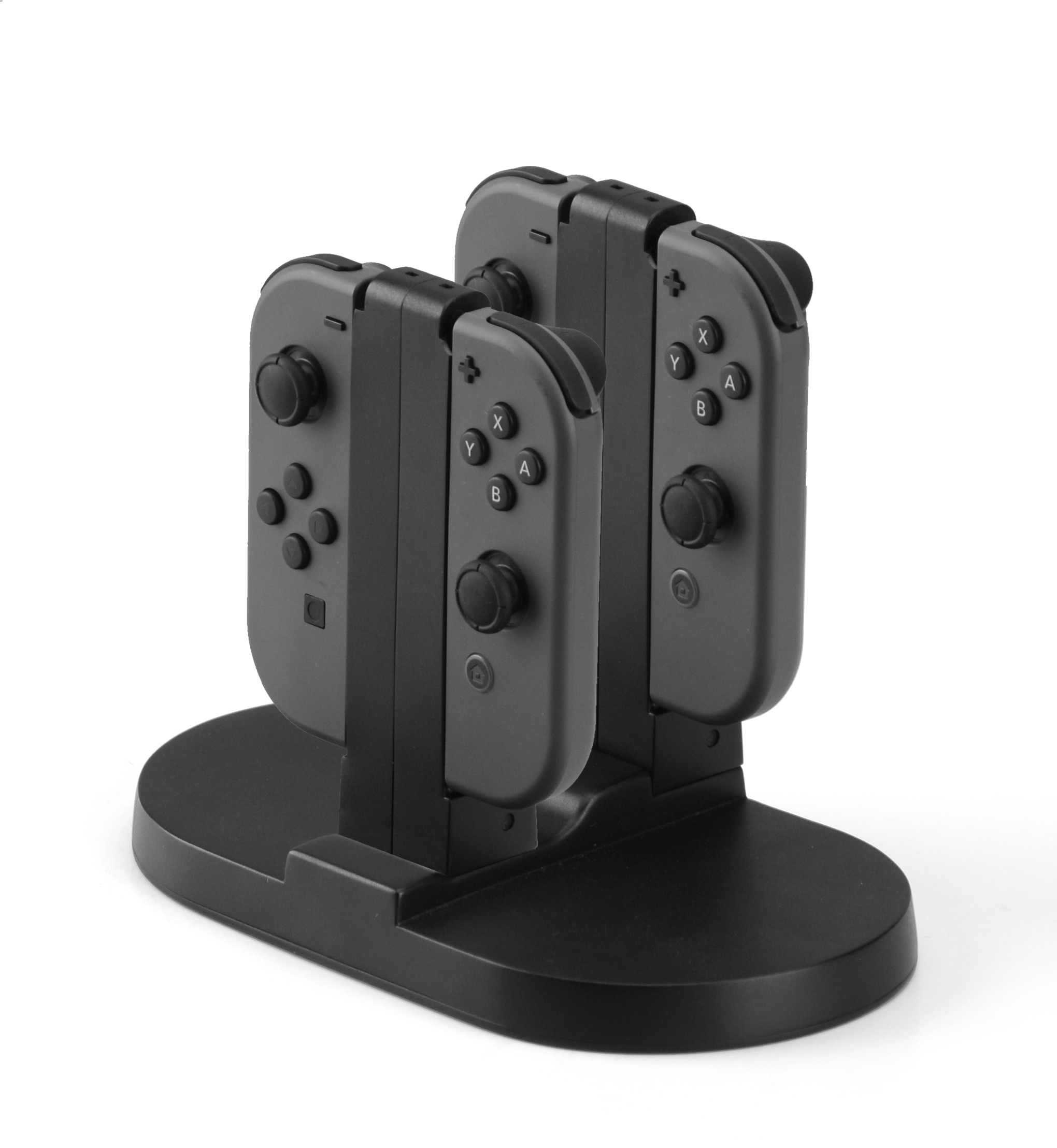 Ein schwarzer Nintendo Switch Joy-Con Ladeständer mit zwei befestigten Joy-Cons, weißer Hintergrund.