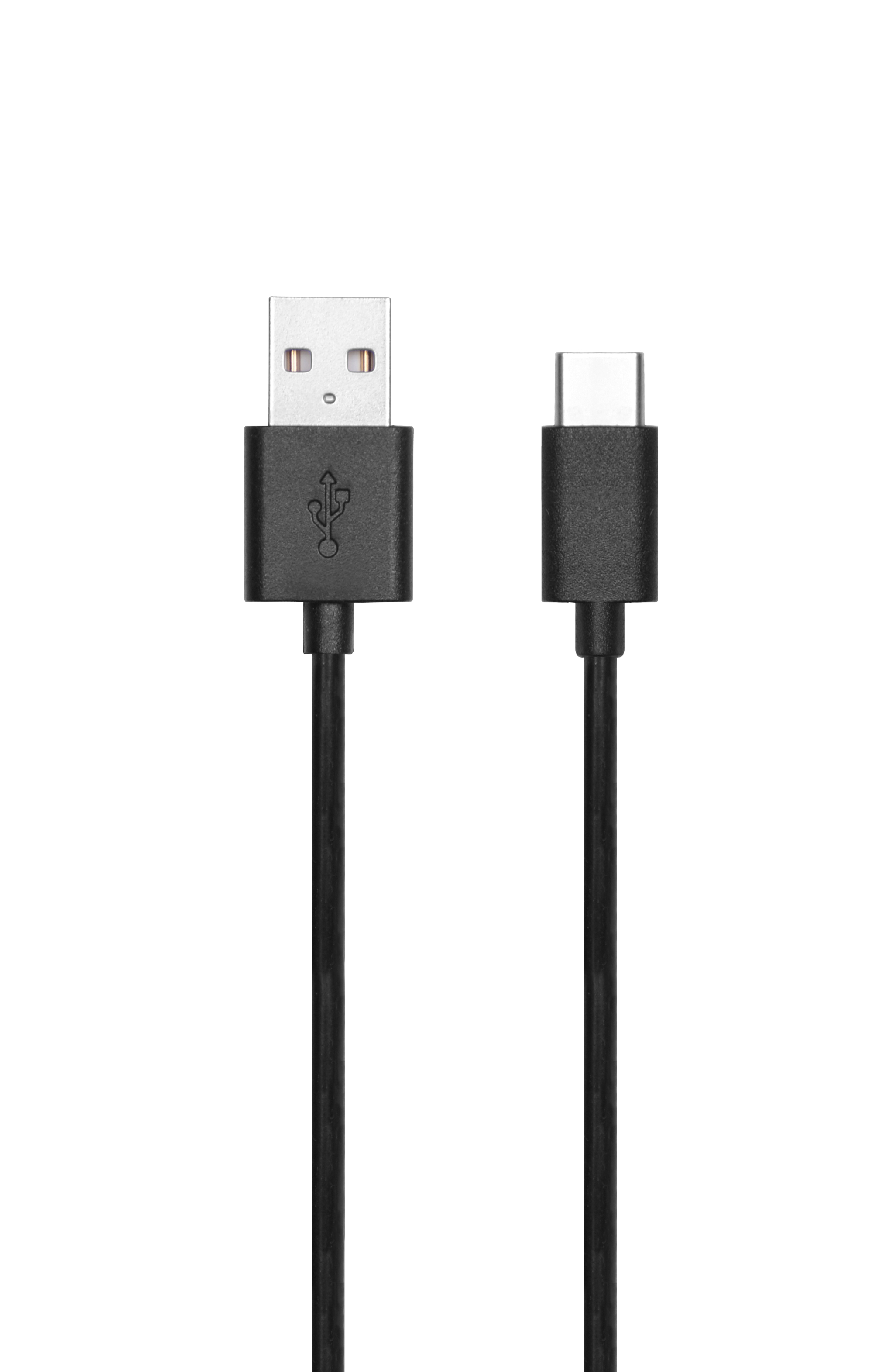 Schwarzes USB-Kabel. Ein Ende ist USB, das andere USB-C. Weißer Hintergrund.