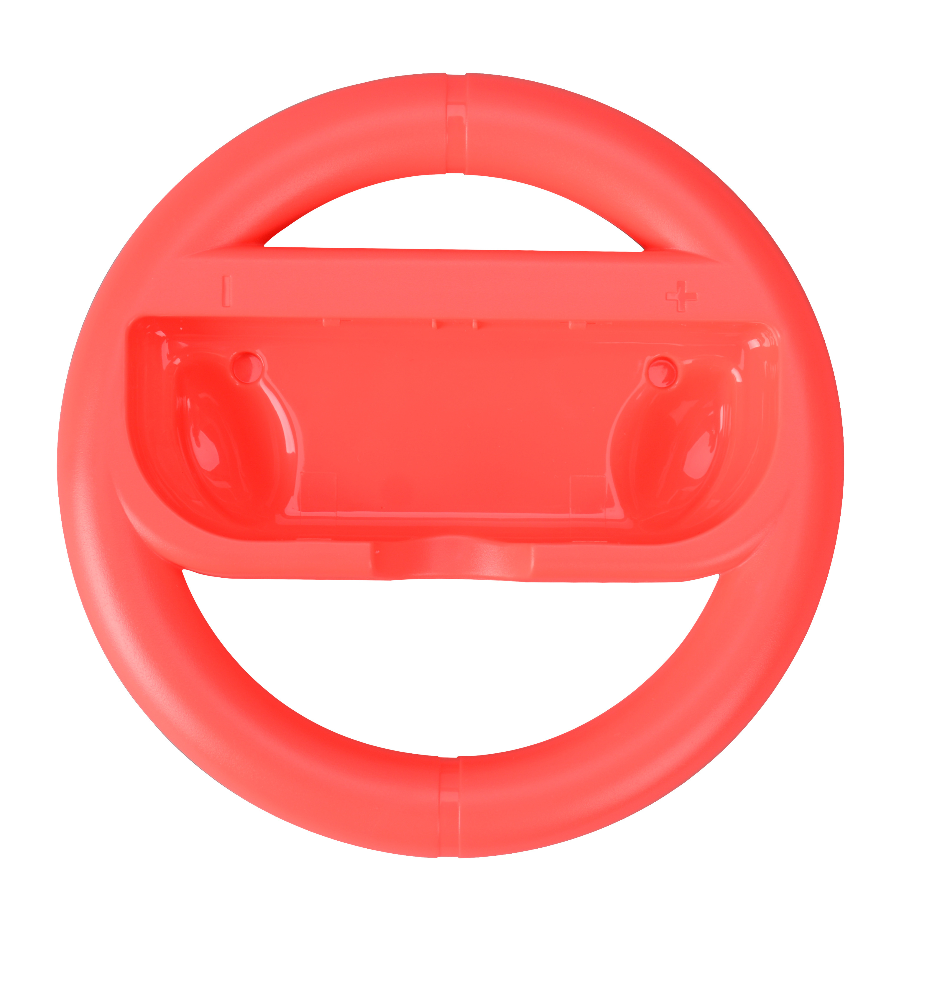 Rotes Lenkrad für eine Spielkonsole, zur Aufnahme von Spielecontrollern.