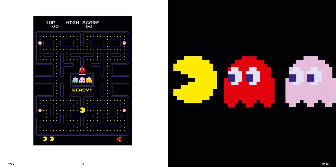 Pac-Man-Arcade-Spielbildschirm und Pac-Man-Charaktere auf schwarzem Hintergrund.