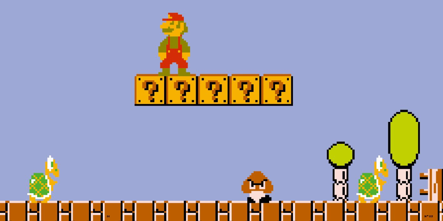 Pixeliger Mario auf Blöcken, mit Schildkröten und einem Goomba, blauer Himmel.