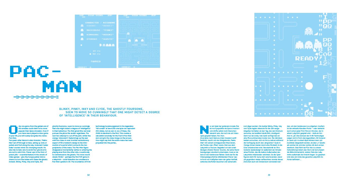 Pac-Man-Seite aus einem Buch, blaue und weiße Farben.