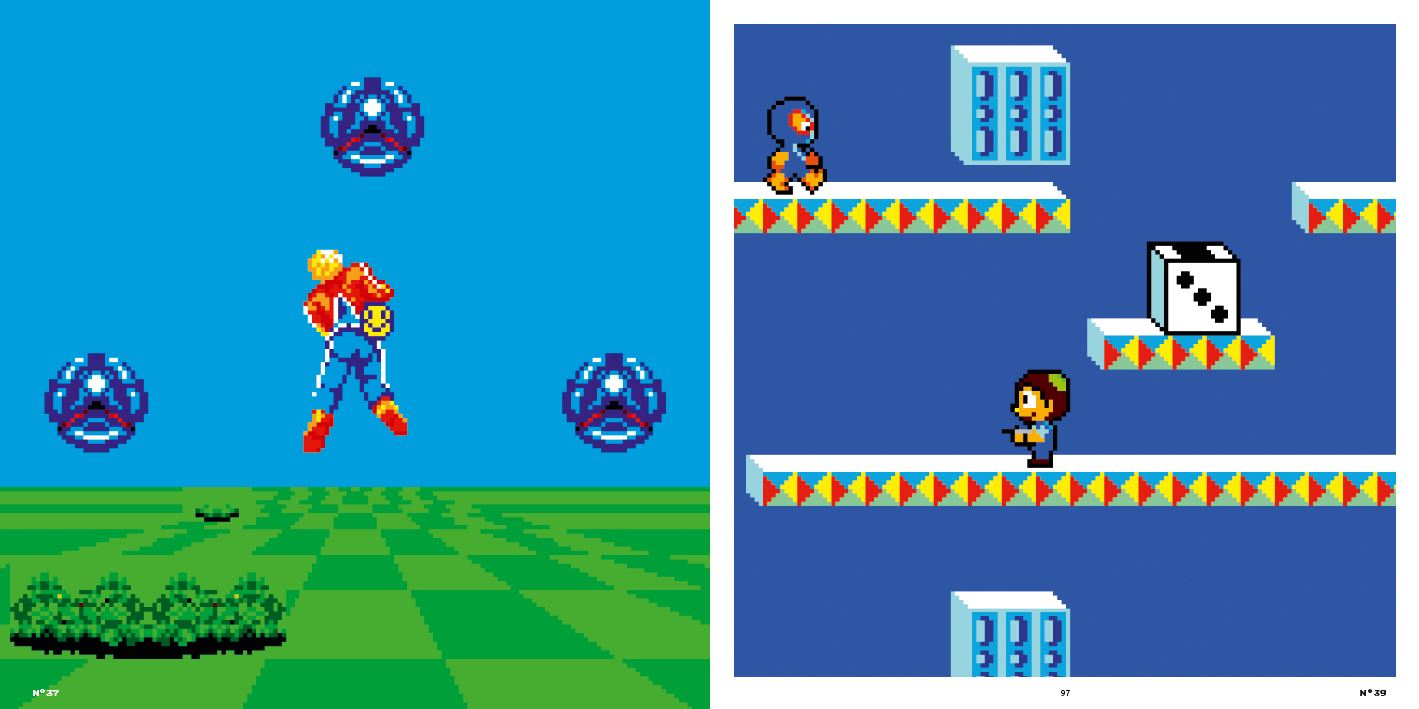Zwei Bilder aus einem Videospiel. Eines zeigt einen Charakter. Das andere ein pixeliges Level.