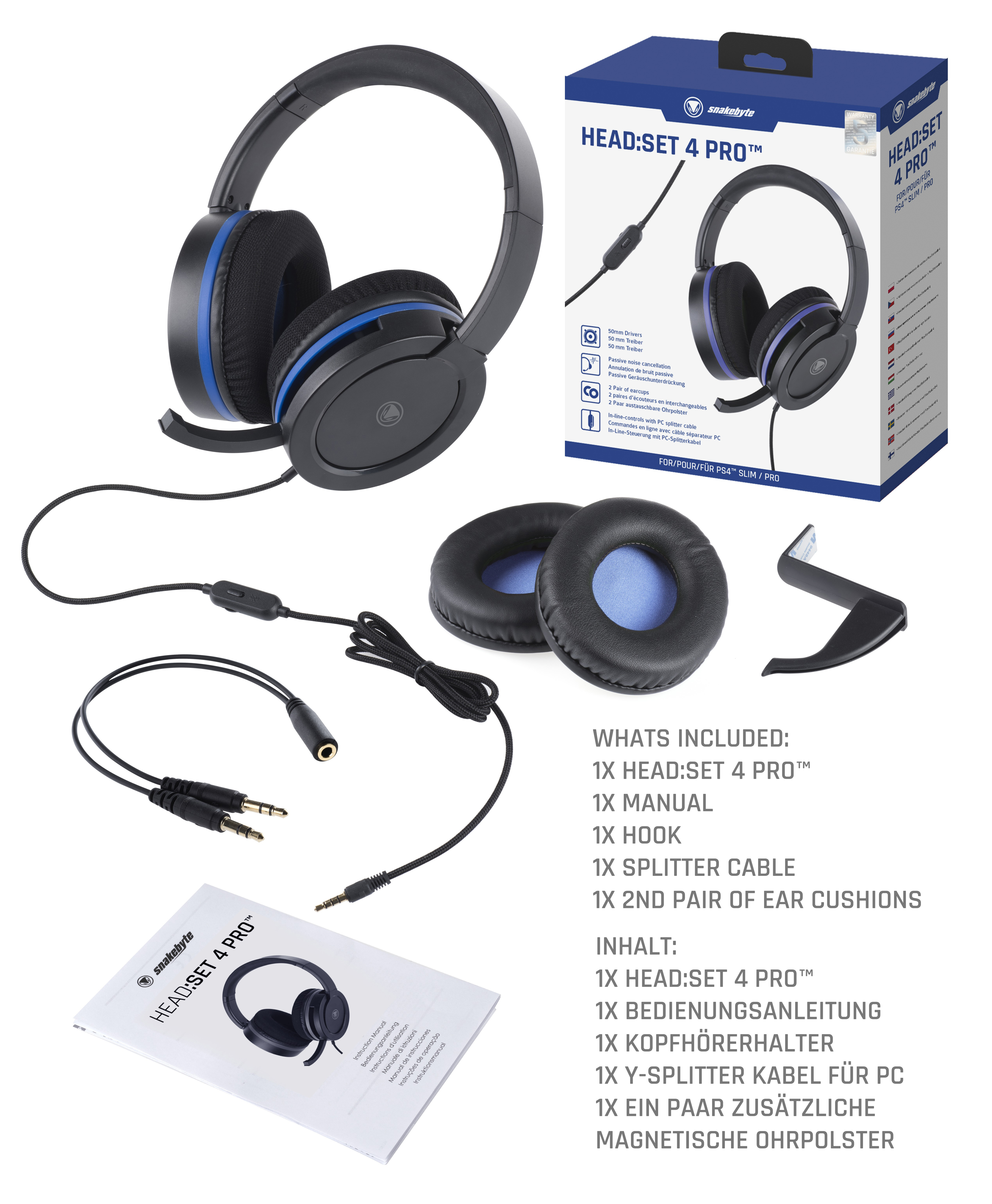 SNAKEBYTE PS4 Stereo HEAD SET mit Gaming Schwarz/Blau PRO™ Zubehör, On-ear Headset 4