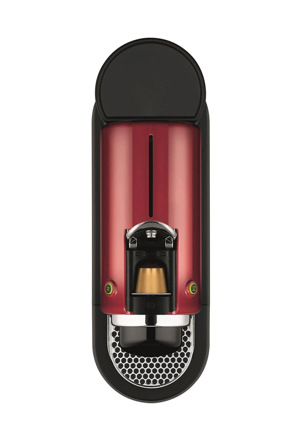 Une machine à expresso rouge et noire avec une capsule de café insérée.