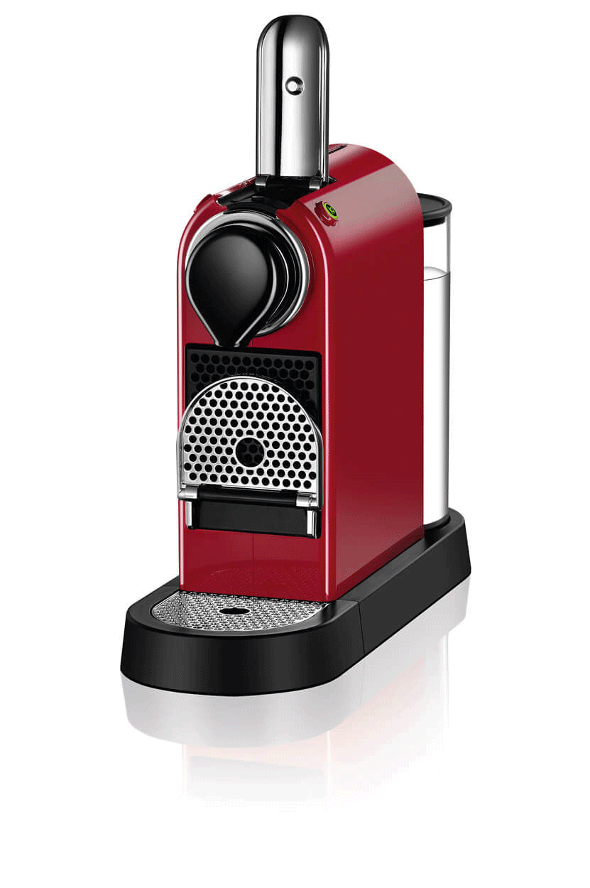 Une machine à café Nespresso rouge avec une base noire et un récipient d'eau.