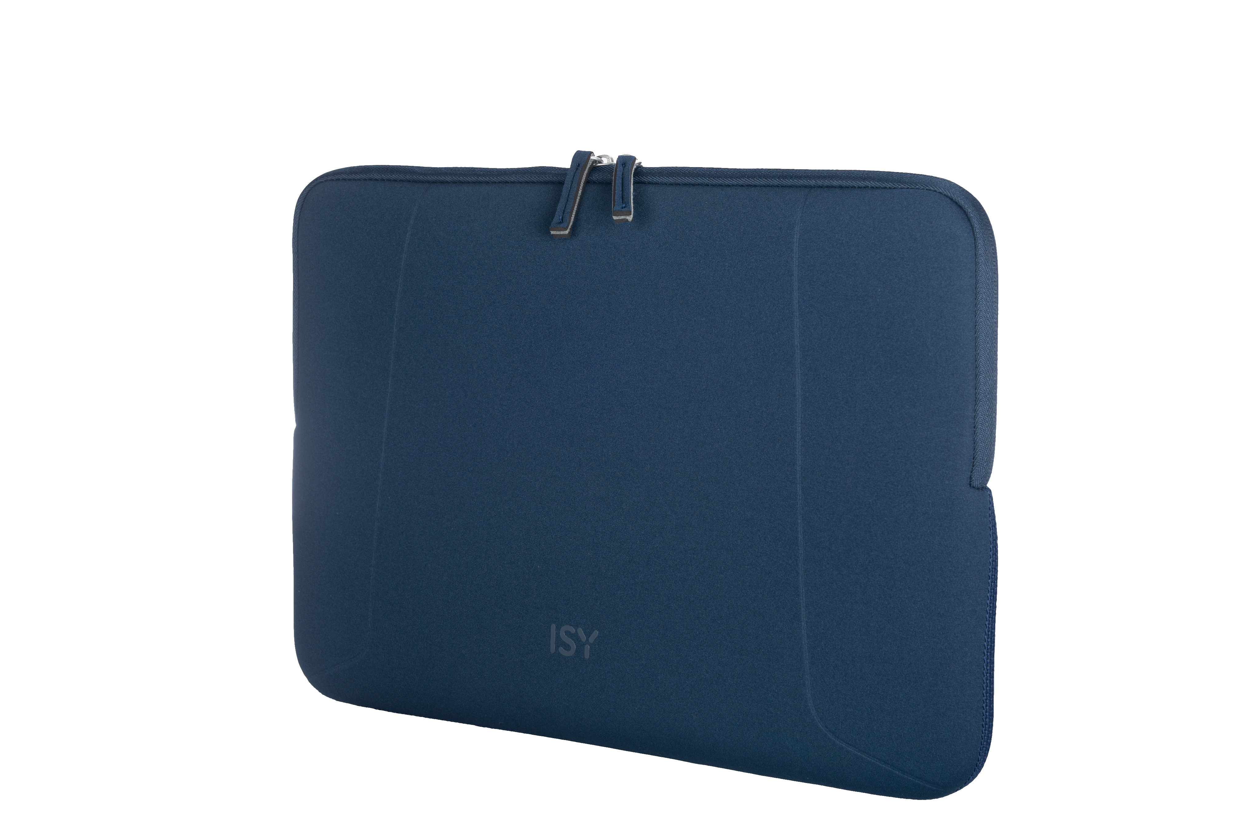 Eine marineblaue Laptop-Hülle mit Reißverschluss. Der Markenname 'ISY' ist unten rechts aufgedruckt.