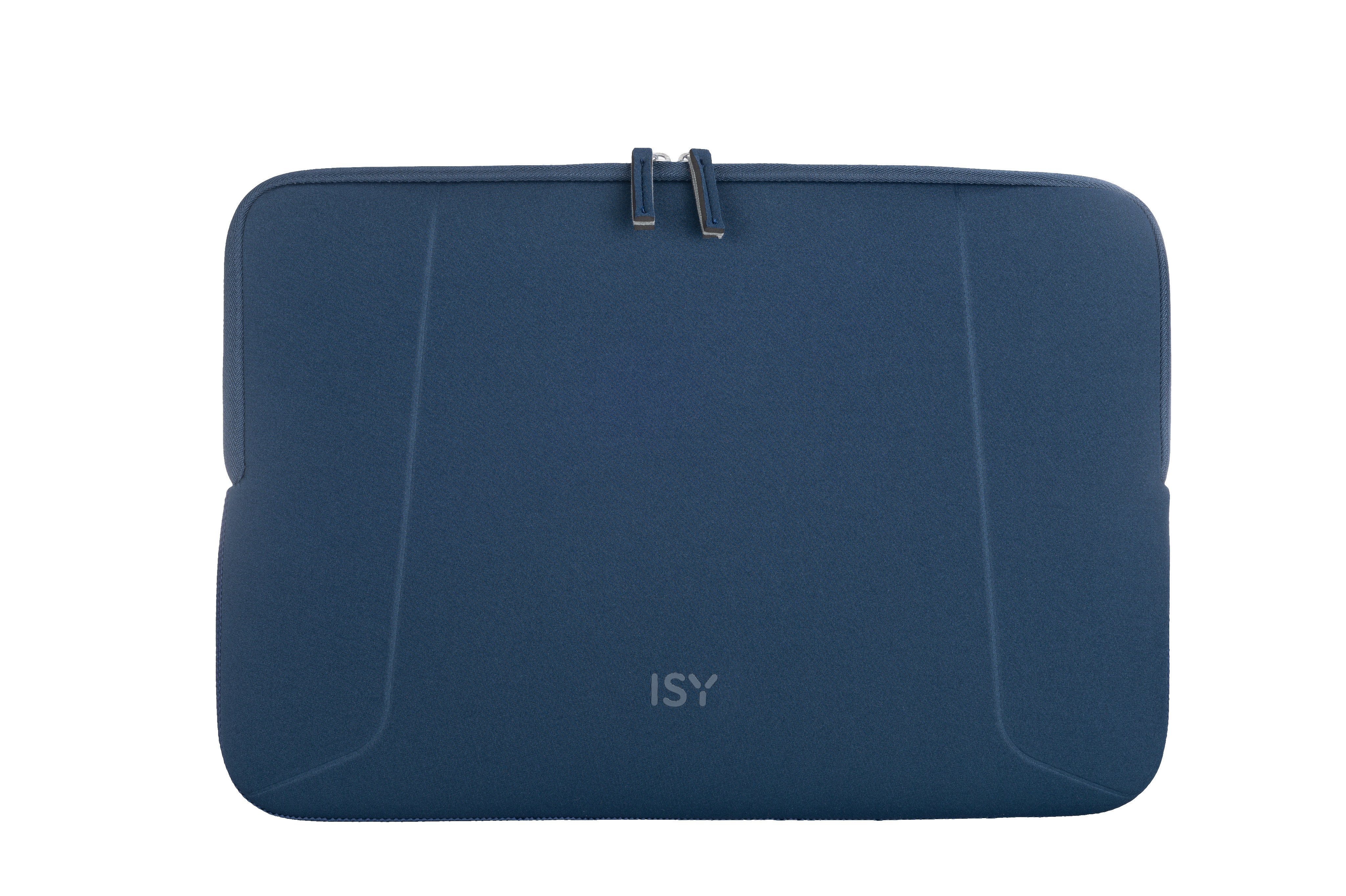 Blaue Laptoptasche mit Reißverschluss. Das ISY-Logo befindet sich unten.