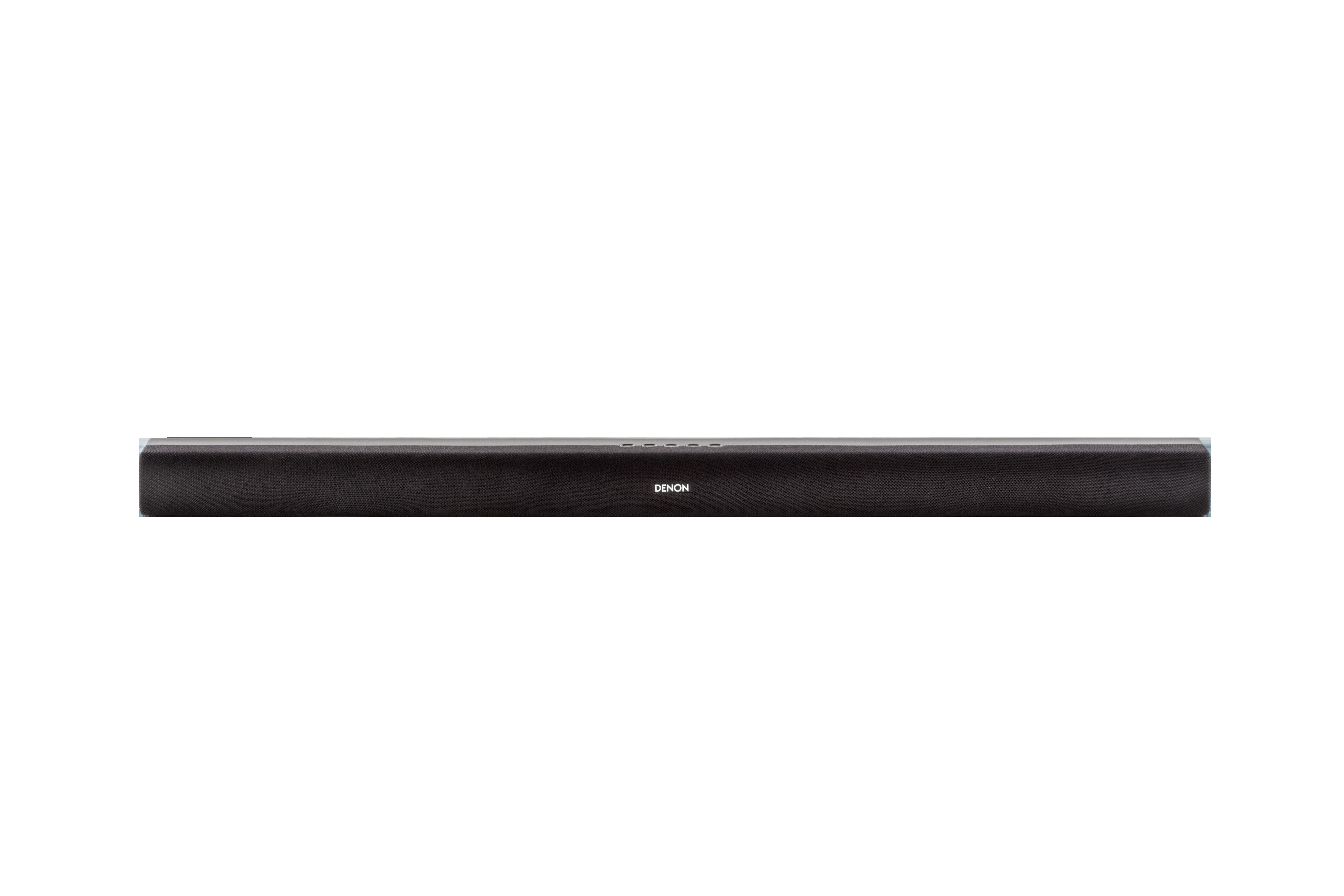 Eine schwarze Soundbar mit dem Wort 'DENON'. Der Hintergrund ist weiß.