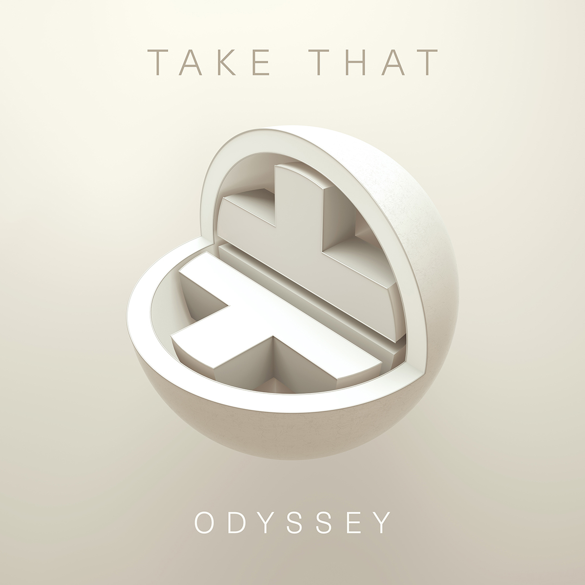 Un modèle 3D blanc du logo Take That avec le mot 'Odyssey' en dessous sur un fond beige.