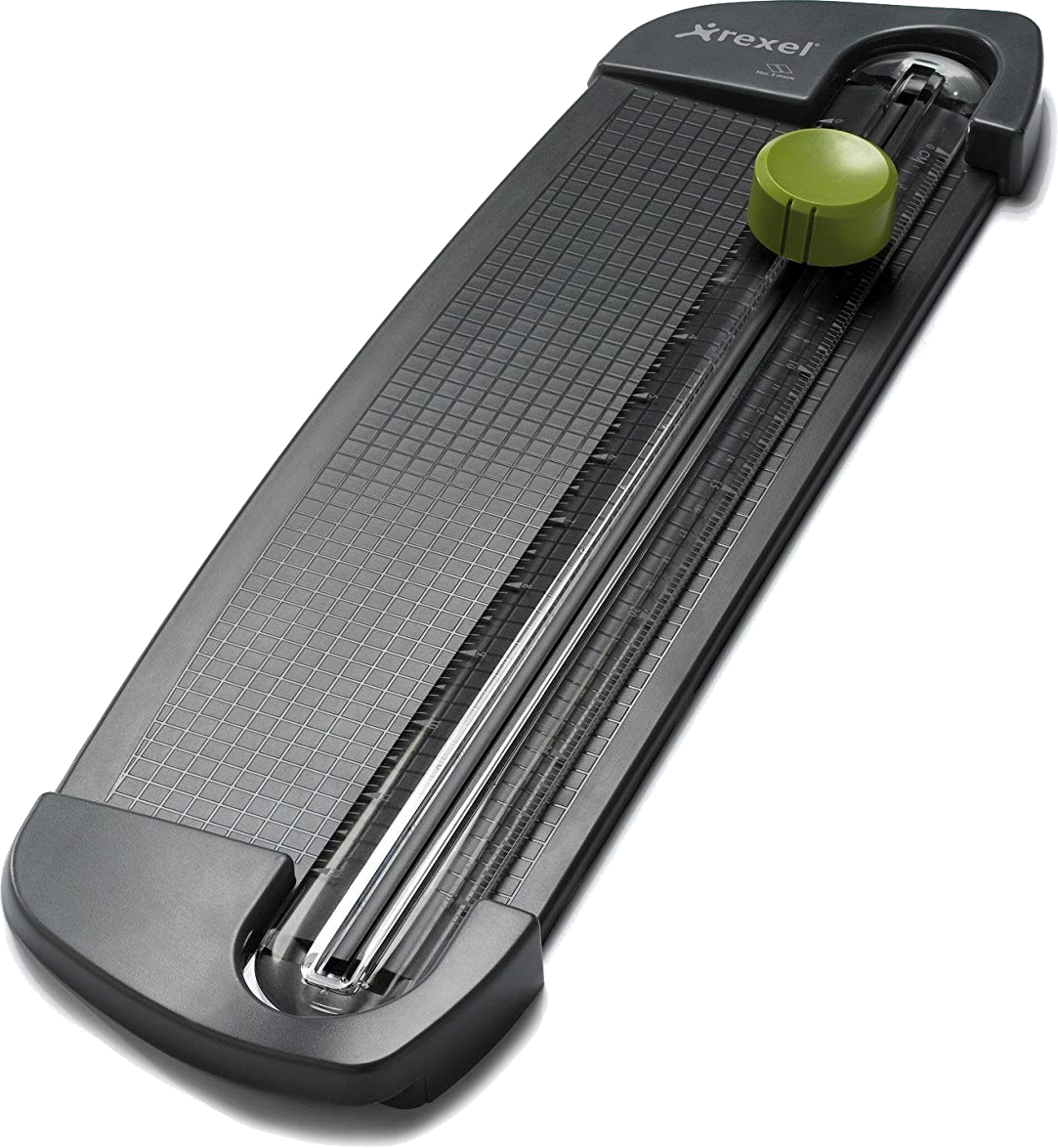 Egy szürke papírvágó zöld gombbal. A vágó fehér háttéren van. A Xrezel márkanév látható.