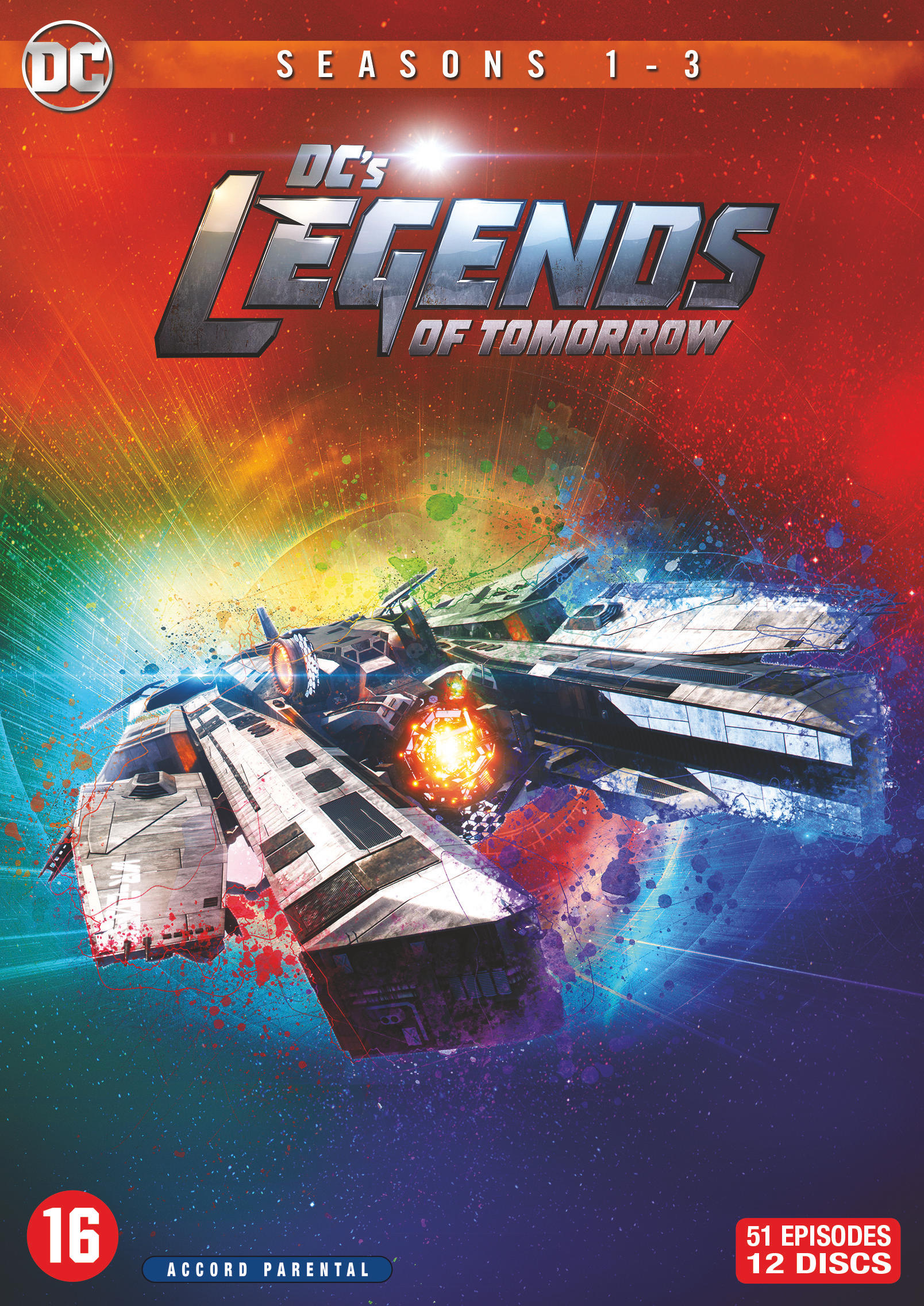 DVD-hoes: DC's Legends of Tomorrow. Ruimteschip grafiek op kleurrijke achtergrond. Seizoenen 1-3.
