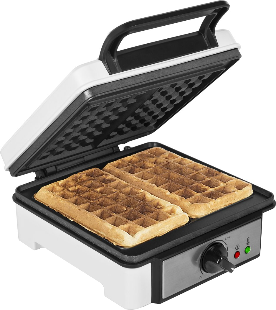 Wafelijzer met twee wafels erin, open en klaar voor gebruik.