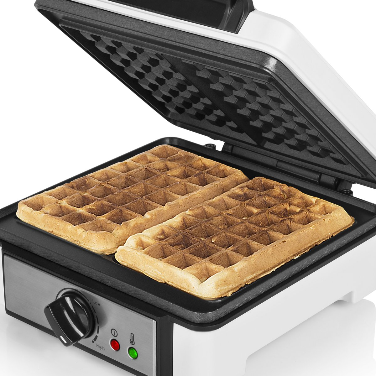 Wafelijzer open, met twee wafels erin, wit en zwart.