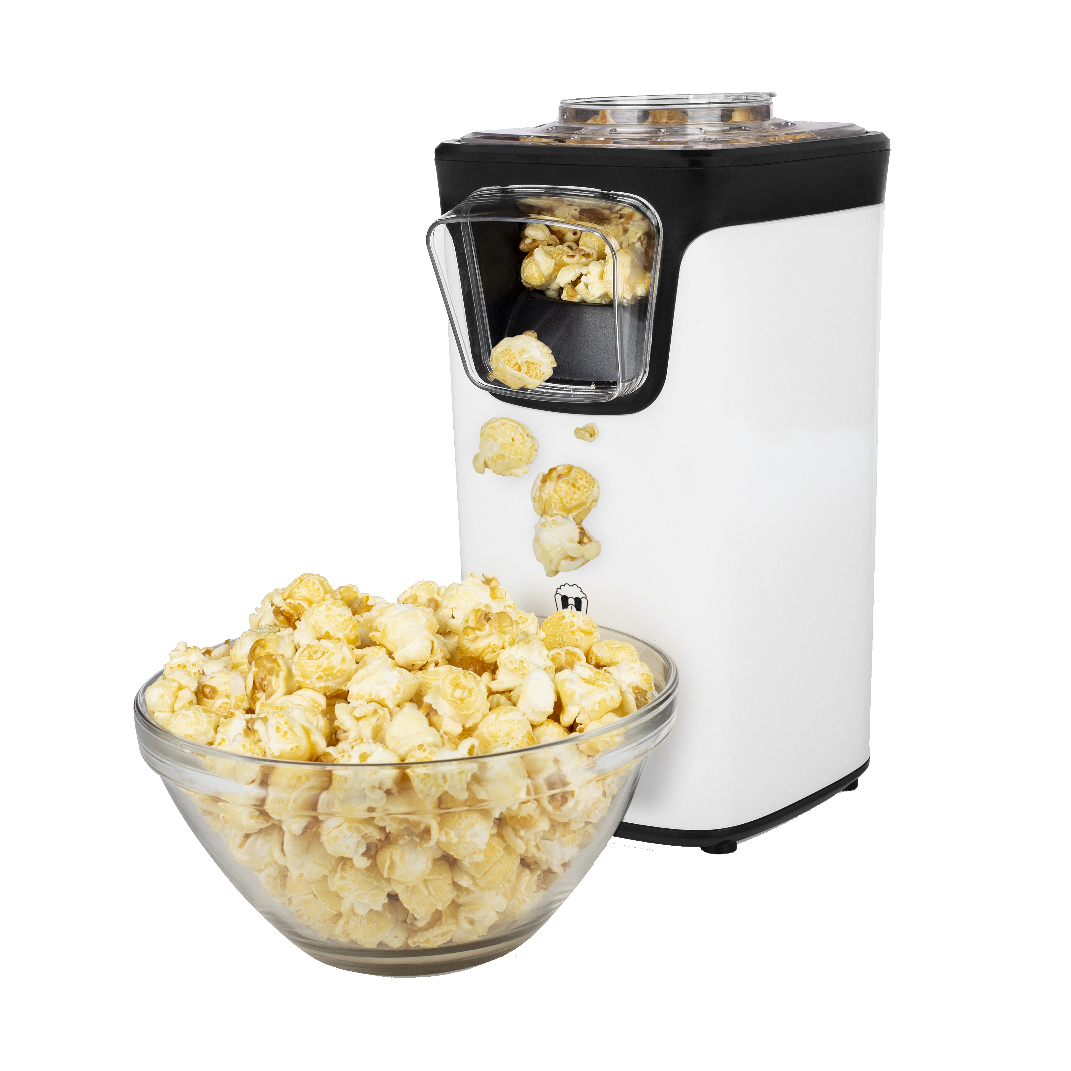 Een wit-zwarte popcornmaker met een kom popcorn. Er vliegt wat popcorn uit de machine.