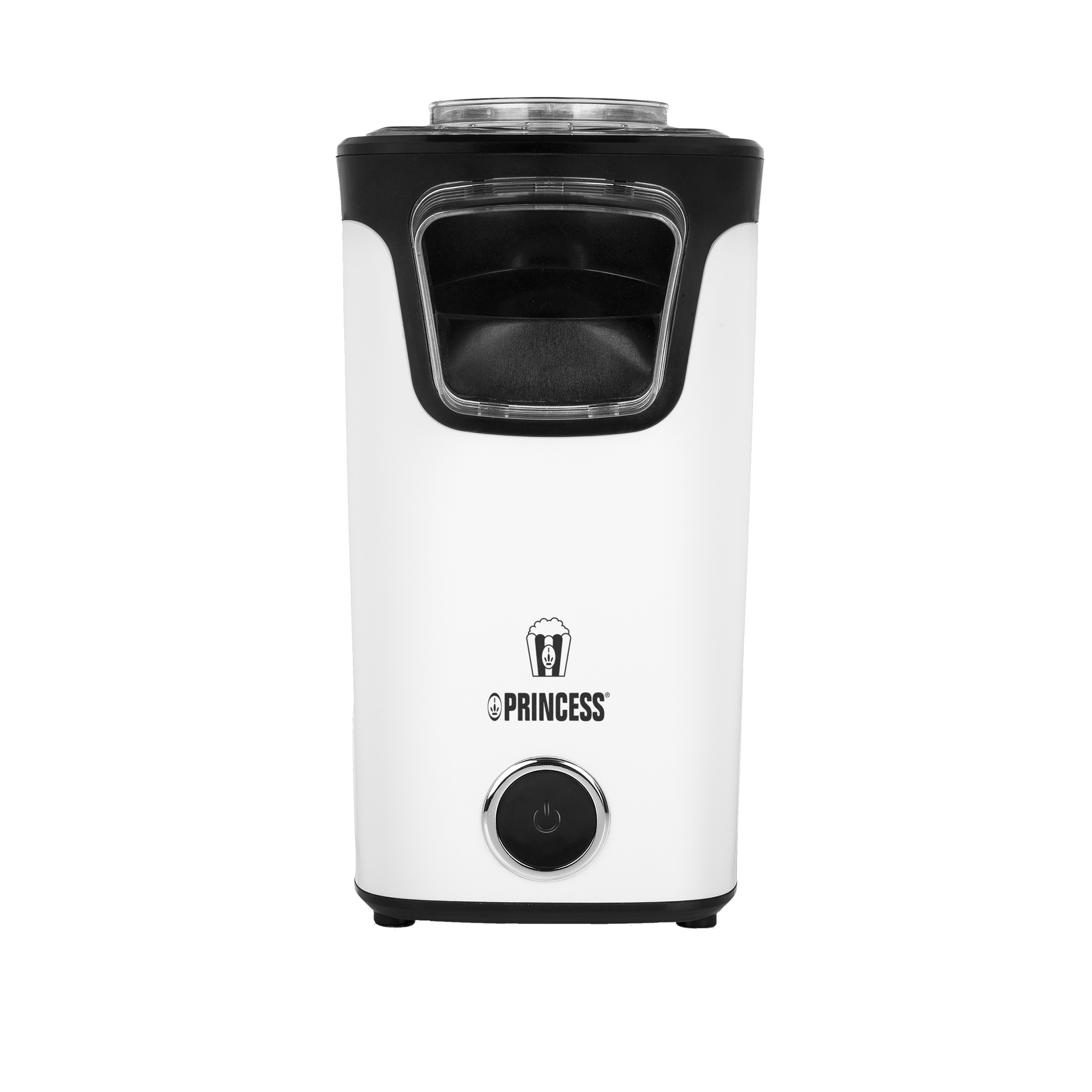 Witte en zwarte popcornmachine met een knop en het Princess-logo.