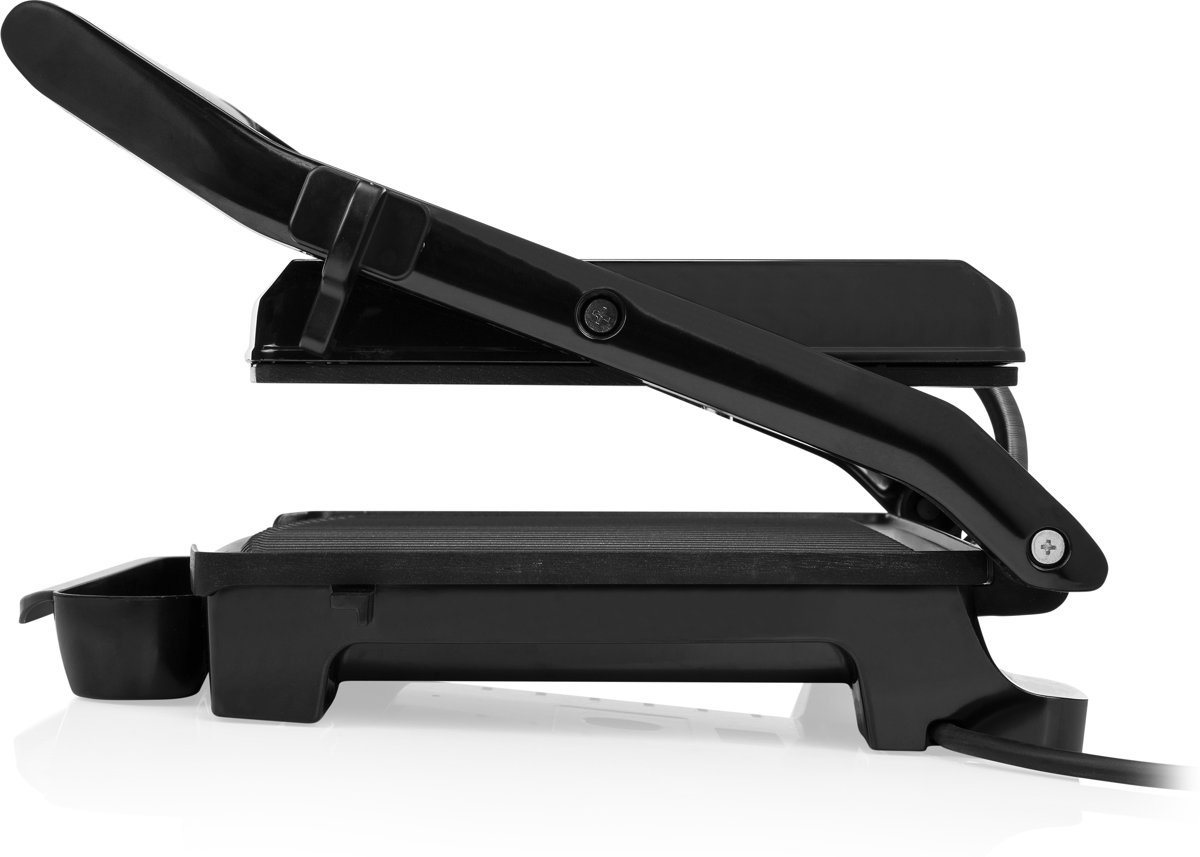 A black panini press. The top is open, revealing the cooking surfaces and the handle.