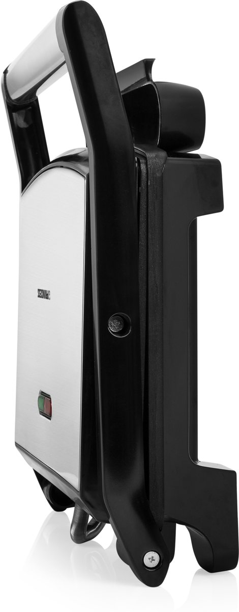 Silver and black panini press, side view. Handle up, closed.