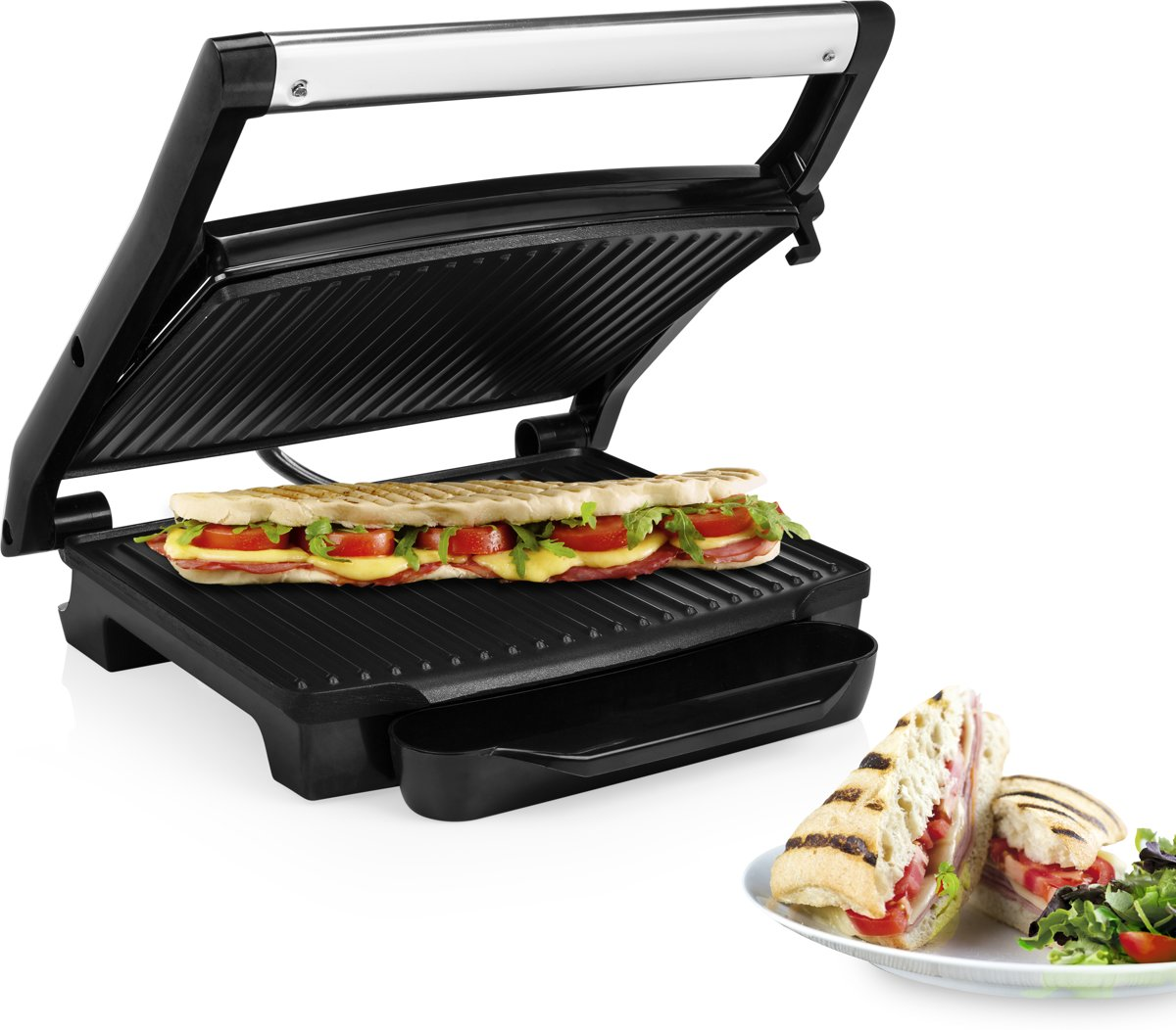 Black panini press with sandwich. Grilled sandwich on plate.