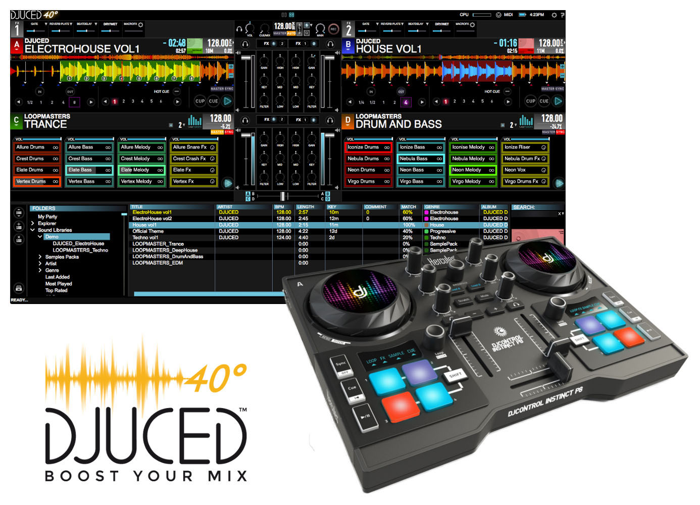 HERCULES DJ Control Instinct 2-Deck DJ Controller, Schwarz