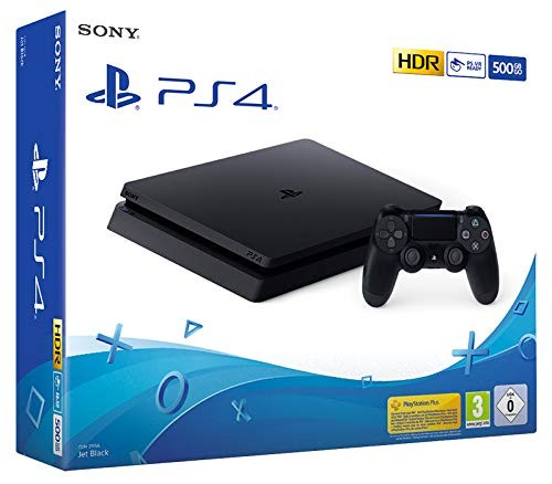 Caja de PlayStation 4 con consola, mando. Combinación de colores azul y negro.