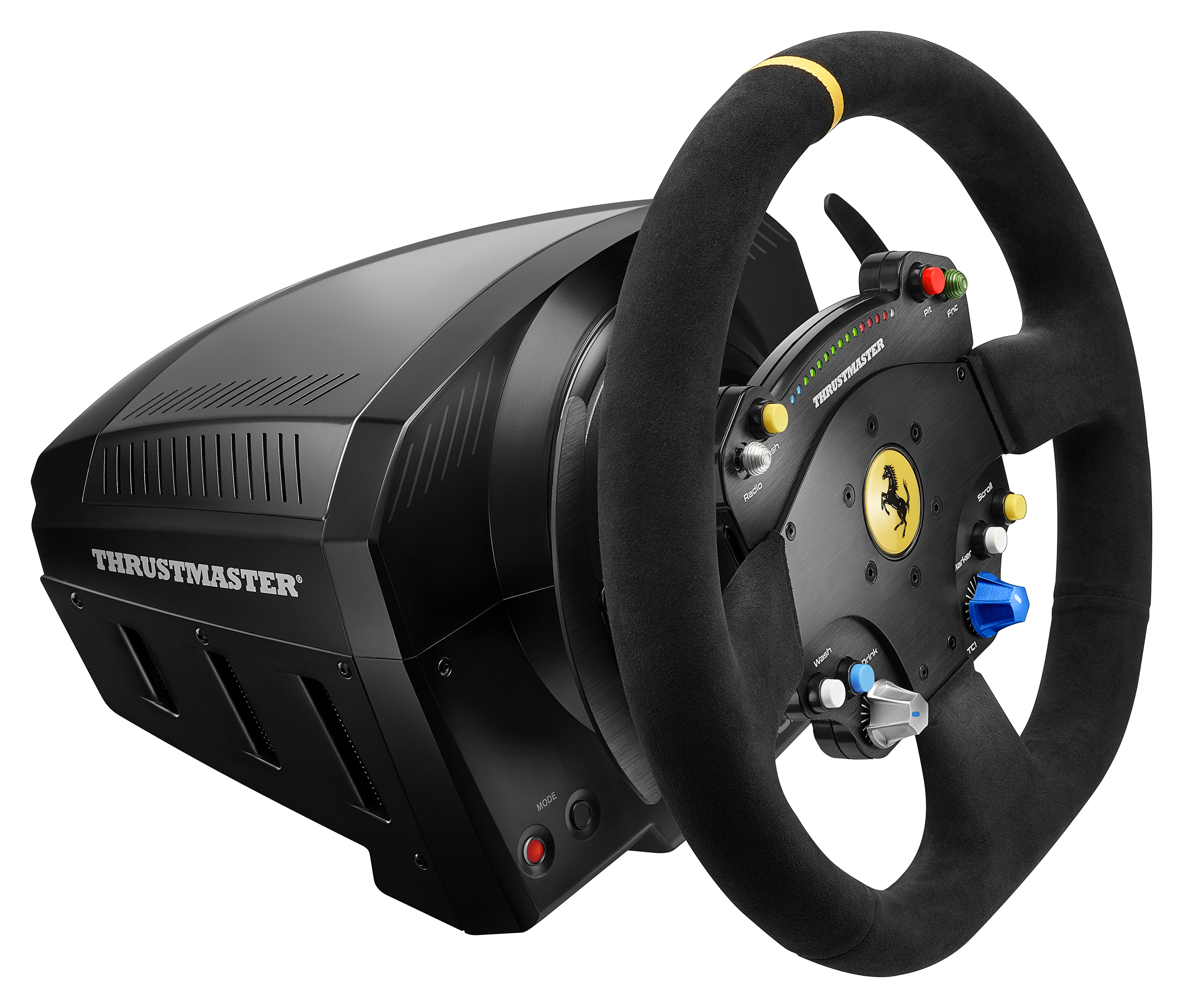 Schwarzes Thrustmaster-Rennlenkrad mit Ferrari-Logo. Knöpfe und Paddles sichtbar. Schwarz und gelb akzentuiert.