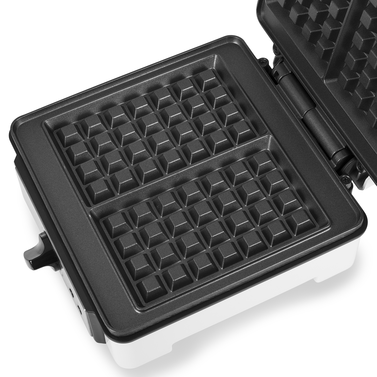 Wafelijzer, open, met de wafelroosters, wit en zwart.