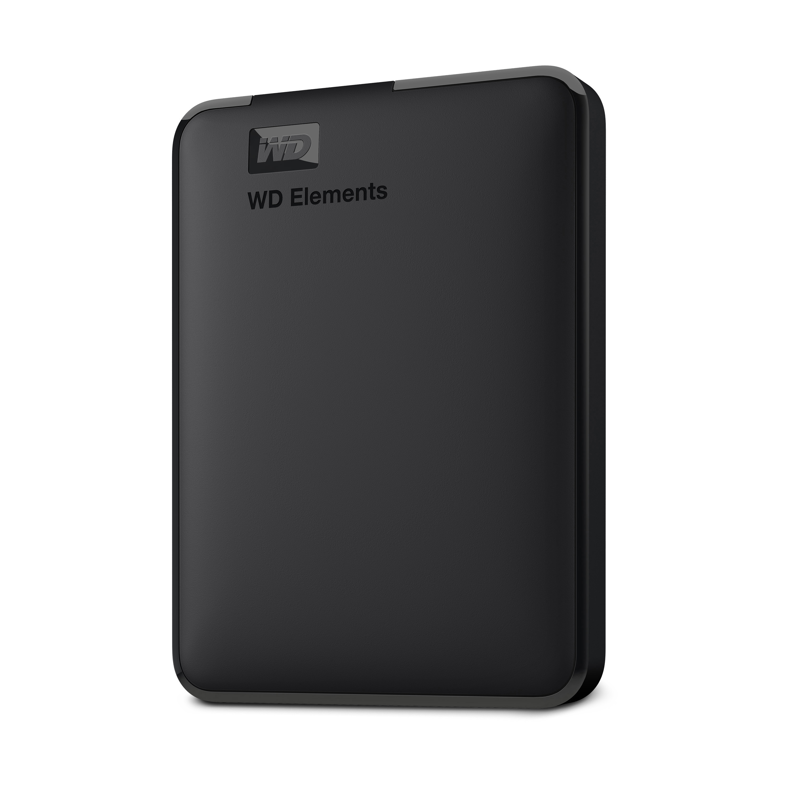 Schwarze externe Festplatte mit dem Aufdruck 'WD Elements'.