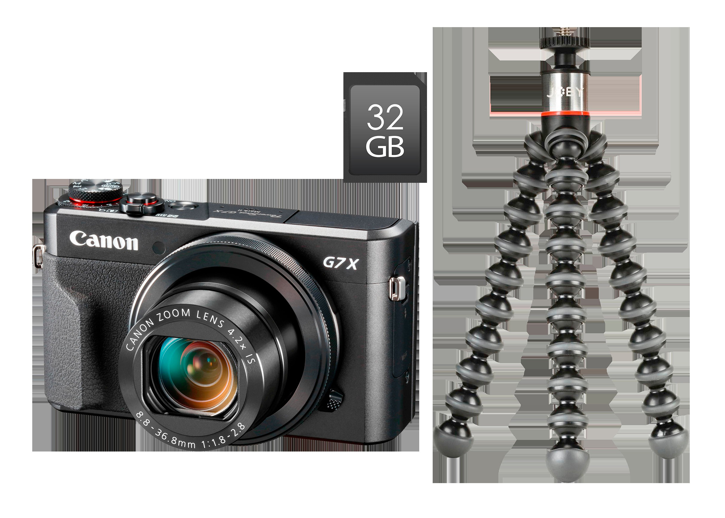 Schwarze Canon G7X Kamera, eine 32GB SD-Karte und ein flexibles schwarzes Stativ auf weißem Hintergrund.