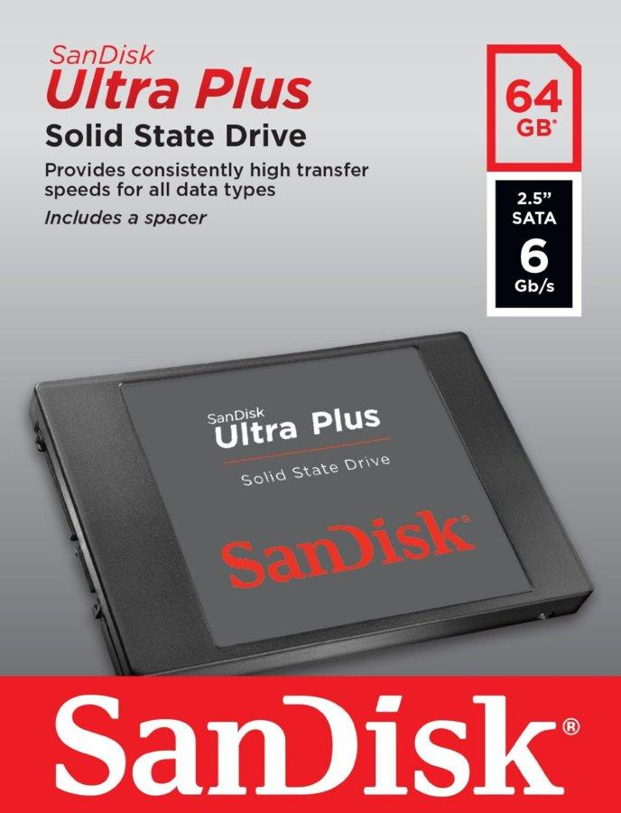 Disco duro SSD de 64Gb - Sandisk Ultra Plus, 2,5 pulgadas, SATA III, color negro